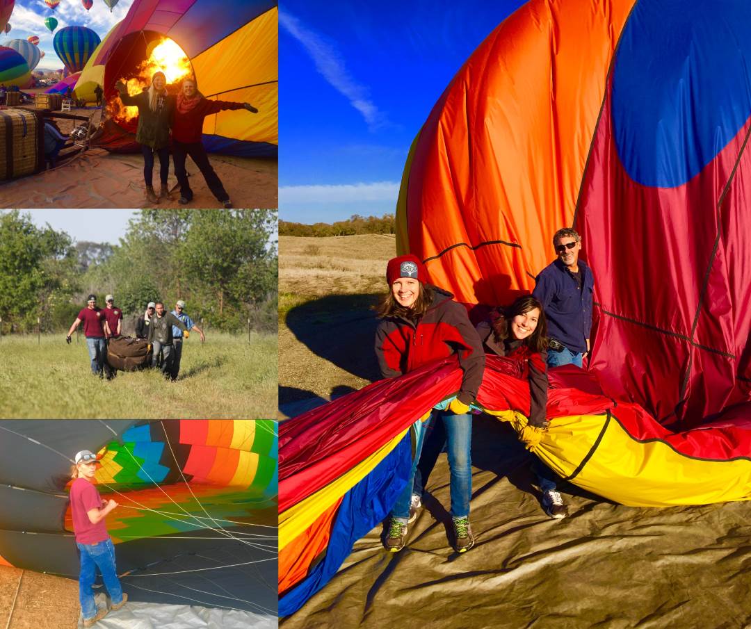 Collage of hot air balloon crew members carrying, snaking and holding open the hot air balloon.